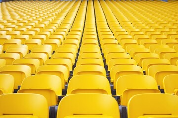 Fototapeta premium Rows of bright yellow stadium seats aligned symmetrically with a blurred background, forming repetitive patterns, symbolizing sports or events. Ai generative