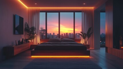 Fototapeta premium Cozy modern bedroom with sunset view and warm ambient lighting