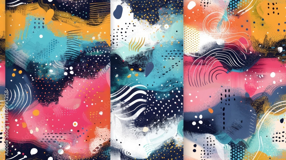 Poster abstract colorful patterns with vibrant shapes and textures.