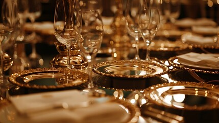 Elegant gold-rimmed mirrors placed as part of the table decor at a formal dinner.