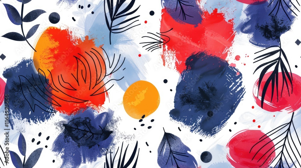 Poster abstract design featuring colorful brush strokes and foliage patterns on a white background.