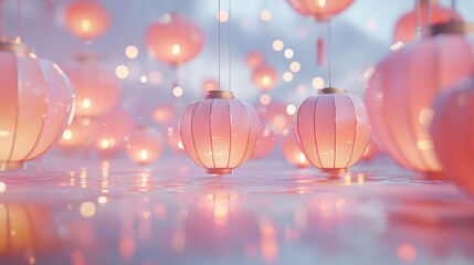 Glowing pink lanterns float on water, reflecting light.