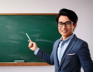 male teacher teaching in front of a blackboard, pointing at the board while explaining a lesson. A vibrant and engaging cartoon that captures the essence of education and learning.
