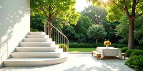 Modern minimalist patio design with white stairs leading to a lush green garden, showcasing a sunlit outdoor table setting