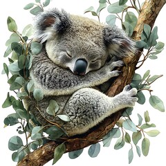 Obraz premium A Sleeping Koala Bear Cuddled on a Eucalyptus Branch.