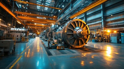 Obraz premium Underground industrial hub with massive glowing turbines and interconnected machinery