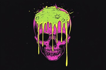 A pink skull with dripping lime green paint splatters on a black background. (1)