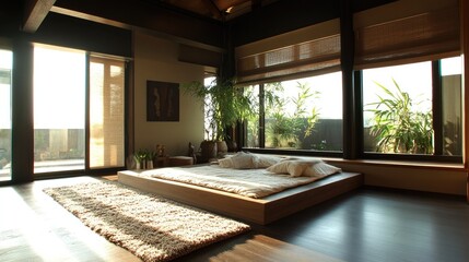 Fototapeta premium Modern Minimalist Bedroom with Natural Light and Cozy Atmosphere