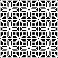 Seamless black and white geometric pattern, featuring a symmetrical design with abstract shapes. Suitable for backgrounds, wallpapers, textiles, fabrics and various creative projects.