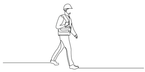 continuous line drawing of worker with engineer helmet walking.one line drawing of man in contractor uniform walking alone.single line vector illustration.isolated white background