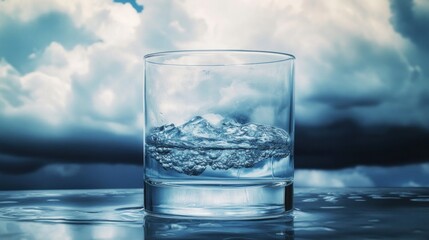Glass of ice water against a stormy sky.