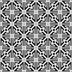 Seamless black and white geometric pattern, featuring a symmetrical design with abstract shapes. Suitable for backgrounds, wallpapers, textiles, fabrics and various creative projects.