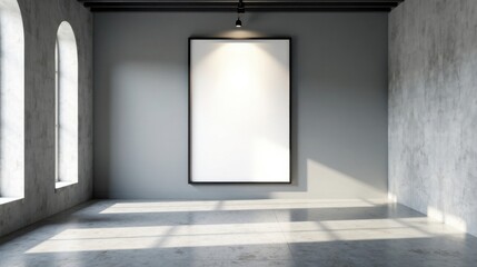 Empty Modern Gallery Space with Large Blank Canvas and Sunlight Streaming Through Arch Windows