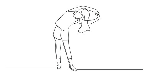 continuous line drawing of woman doing muscle stretching.one line drawing of woman bending arms doing body warm up.single line vector illustration.isolated white background