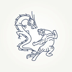 minimalist tiger and dragon fight line art icon logo vector illustration design. simple modern traditional japanese symbol