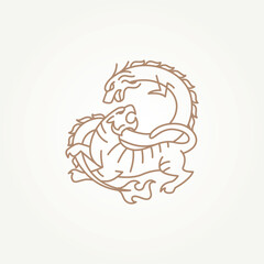minimalist tiger and dragon fight line art icon logo vector illustration design. simple modern traditional japanese yin yang symbol