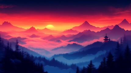 Fototapeta premium Serene Sunset Over Misty Mountain Range Temple View