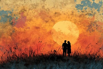 Fototapeta premium Silhouette of couple at sunset, textured background. Ideal for romance, love, and relationship themes.