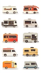 Colorful Food Trucks Collection - Mobile Food Stalls and Vans - Retro Design Illustration