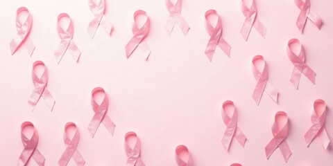 Pink awareness ribbons arranged on a soft pink background, creating a visually appealing and symbolic pattern.