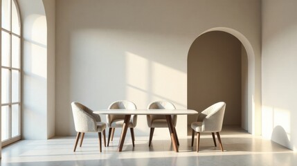 Minimalist dining room with arched doorways and sunlight streaming through a large window