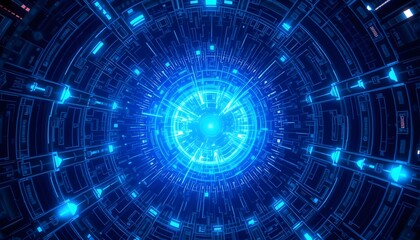 Cybernetic Blue Circle: Futuristic Tech Tunnel Artwork