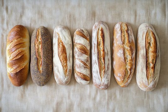 Homemade natural breads. Different kinds of fresh bread as background, top view with copy space. 