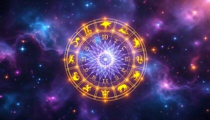 Celestial Zodiac Wheel: Mystical Astrology in Cosmic Space