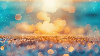 Blurred tropical shoreline with sparkling ocean waves, golden sand, and dreamy bokeh sunlight in a serene summer paradise