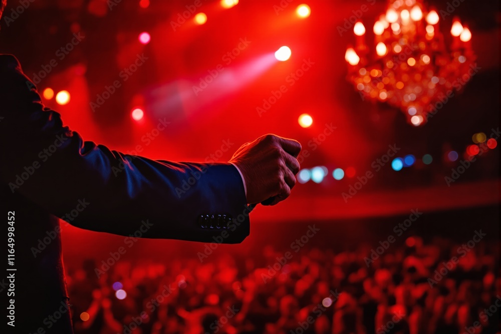 Poster a hand gripping a microphone on a red-lit stage, emphasizing dramatic ambiance. a vibrant crowd and 
