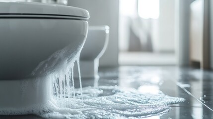 Overflowing toilet causing water damage in bathroom. Emergency plumbing repair service needed to prevent extensive damage and costly repairs.