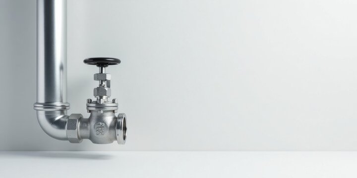 Close-up of a metallic pipe and valve against a plain white backdrop