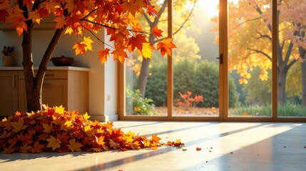 Autumnal Interior Scene with Maple Leaves and Sunlight Streaming Through Large Windows
