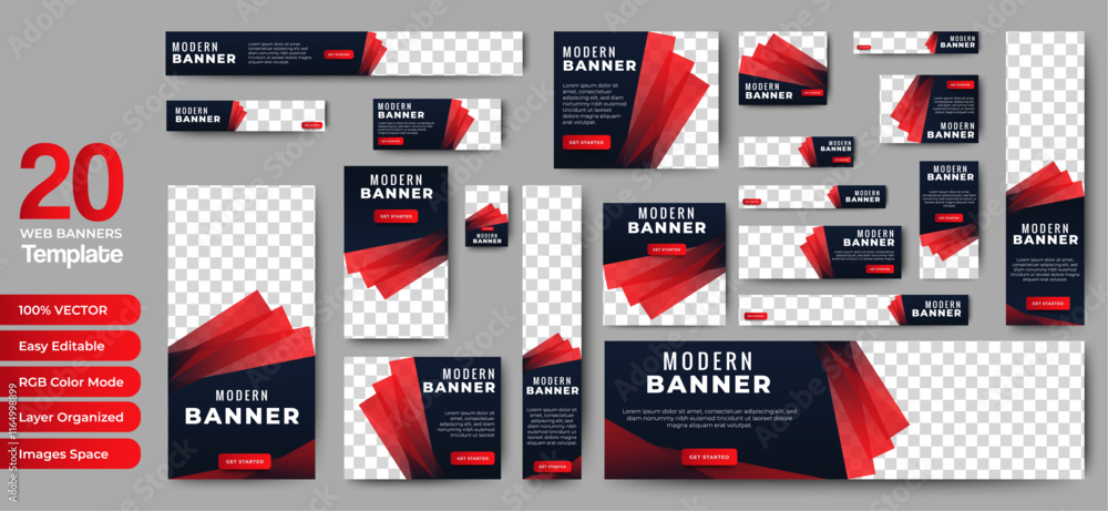 Poster set of vector black and red web banners of standard sizes with a place for photos. vertical and hori