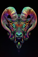 A vibrant, colorful, stylized ram's head illustration with intricate details and glowing eyes against a black background.