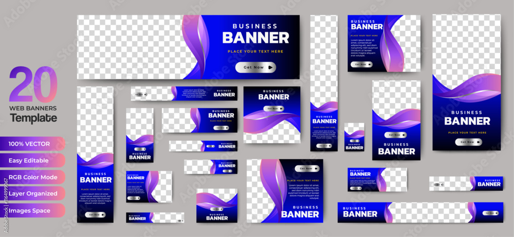 Poster set of blue background for web ad banner template with text and image spaces. vector