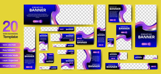 An elegant business web banner template featuring a blue background, complete with an image placeholder and a centralized text area for your message.