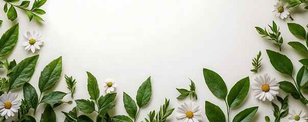 Naklejka premium White background with green leaves and white daisies arranged in a border.