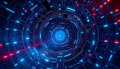 Fototapeta premium Abstract Digital Concentric Circles: Glowing Blue and Red Tech Artwork
