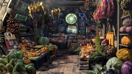 A futuristic marketplace filled with holographic advertisements and diverse alien species interacting
