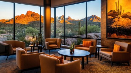 Cozy Hotel Lounge with Scenic Desert Mountain View at Sunset