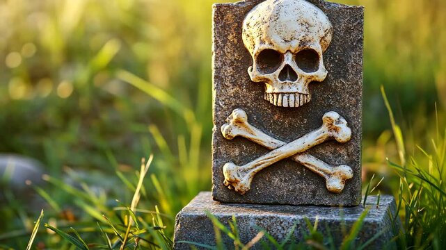 Skull and crossbones grave marker in a grassy cemetery during late afternoon light