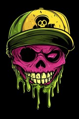 A vibrant illustration of a skull wearing a baseball cap, with dripping slime, set against a black background.