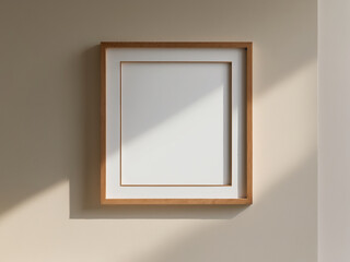 a wooden picture frame hanging on a plain, light beige wall.