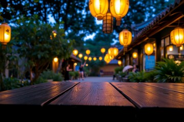 Wooden tabletop with glowing lanterns in outdoor scene.generative AI  
