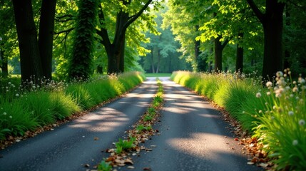 Sunlit Pathway Through Lush Green Trees and Flowering Plants
