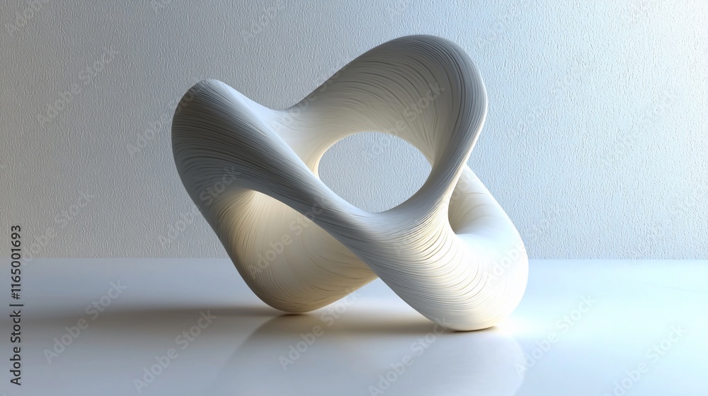 Poster abstract white sculpture with smooth curves and a central hole, reflecting on a glossy surface.