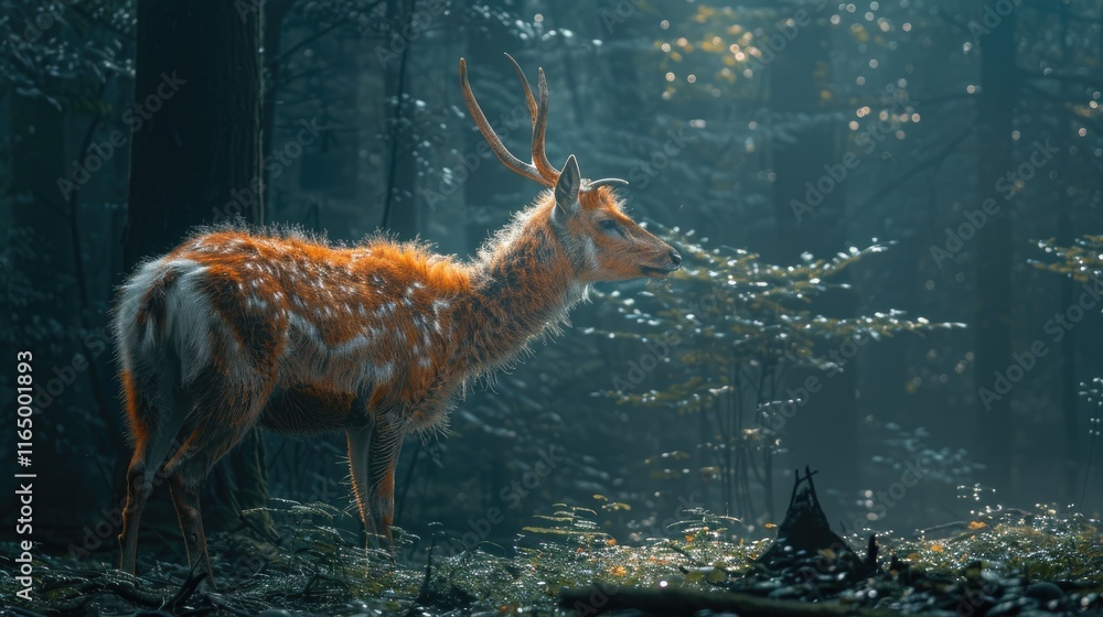 Poster a serene deer stands in a misty forest, illuminated by soft sunlight filtering through trees.