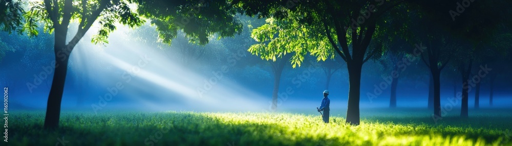 Poster Rows of rubber trees with a worker collecting latex from a tapped tree in the early morning mist.