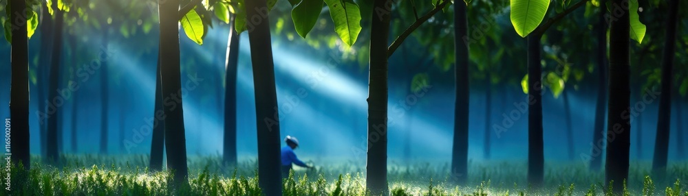 Poster Rows of rubber trees with a worker collecting latex from a tapped tree in the early morning mist.